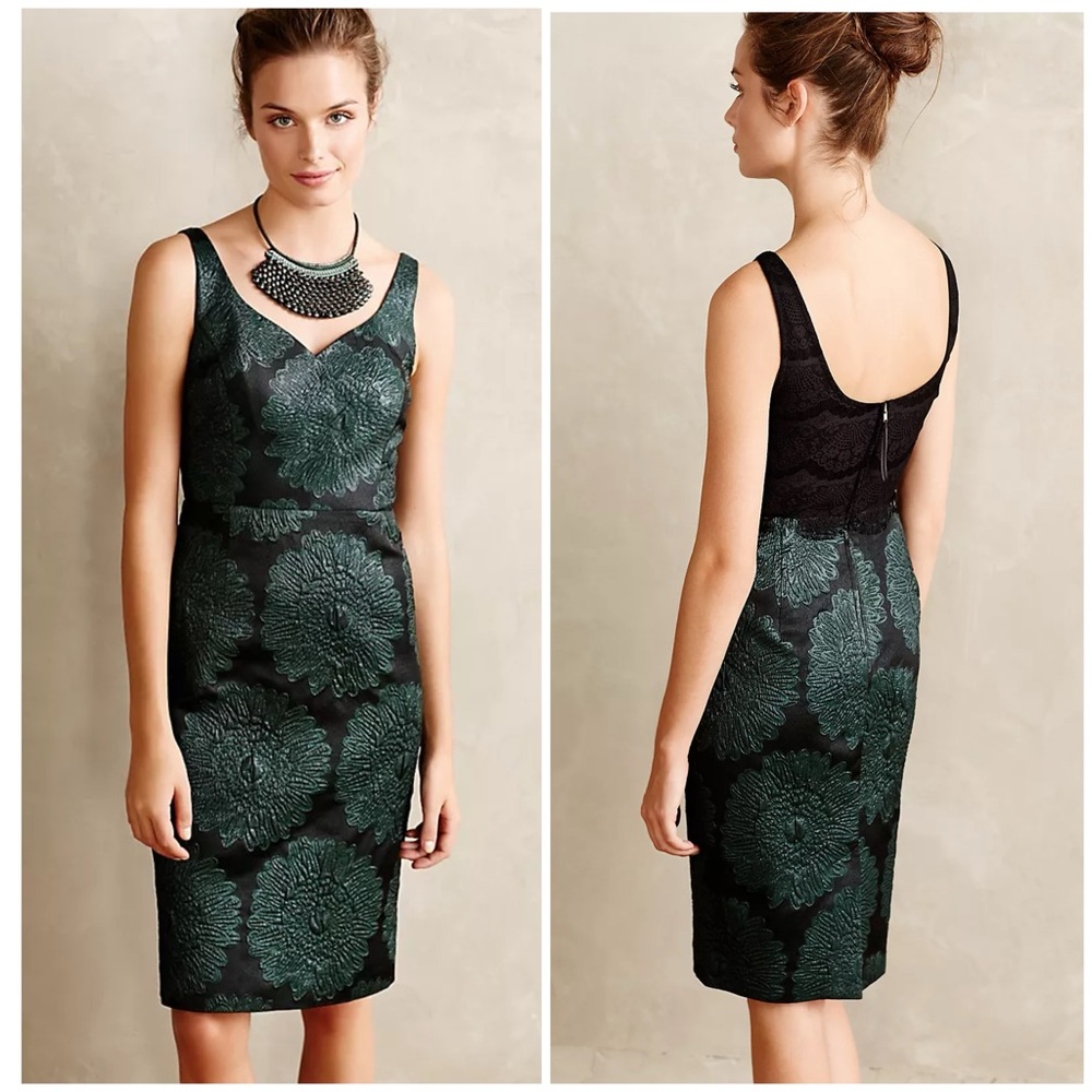 Anthropologie Emerald Green Hidden Blooms Sheath Dress Sz 6